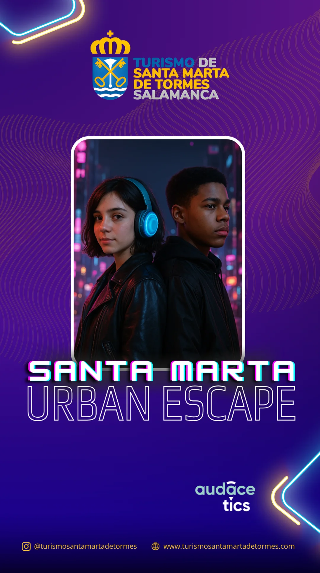 Contraportada de la aventura Santa Marta Urban Escape. Aparecen los mismos jóvenes que en la portada principal pero en un tamaño mucho más pequeño y centrado, dentro de un marco blanco.