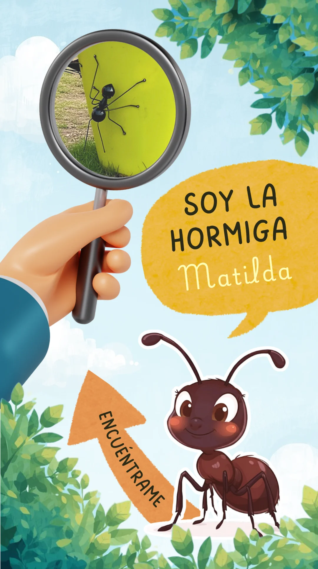 Primer personaje que tienes que encontrar: La hormiga. Aparece un dibujo animado de una una hormiga con un bocadillo que dice: Soy la hormiga Matilda. Encuéntrame. En la foto se ve una escultura de una hormiga negra de hierro subiendo por una maceta amarilla. ¿Dónde está ubicada?
