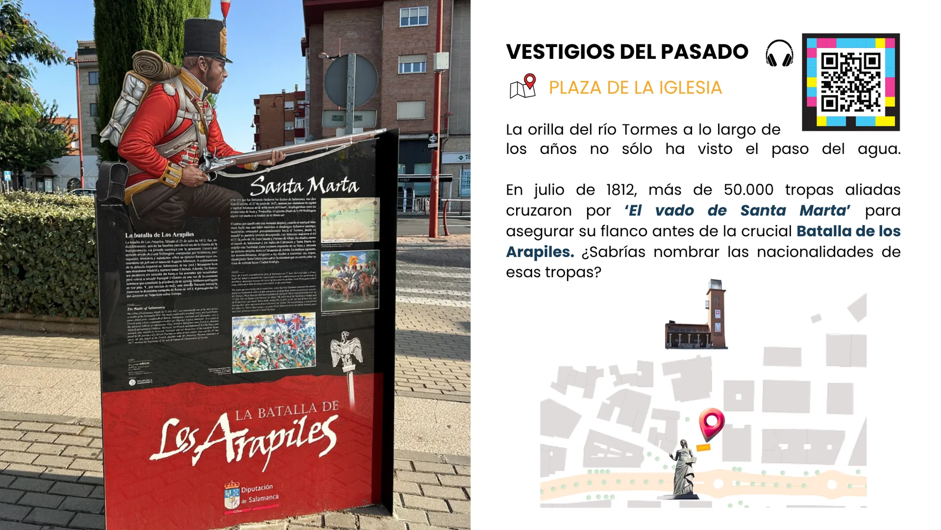 Parada 2. Vestigios del pasado, ubicación en la plaza de la iglesia. Para escuchar haz clic en el botón que se encuentra en pantalla. Se reproducirá un audio narrado con música que primero lee el texto de la parada 2 y unos segundos después te da la solución a la pregunta planteada en este punto.