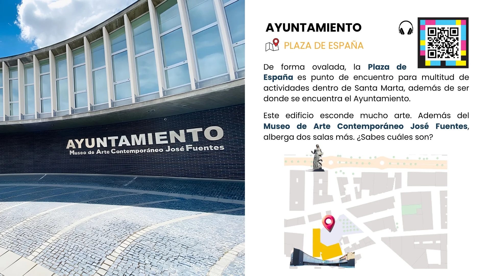 Parada 4. Ayuntamiento, ubicado en la plaza de españa. Para escuchar haz clic en el botón que se encuentra en pantalla. Se reproducirá un audio narrado con música que primero lee el texto de la parada 4 y unos segundos después te da la solución a la pregunta planteada en este punto.