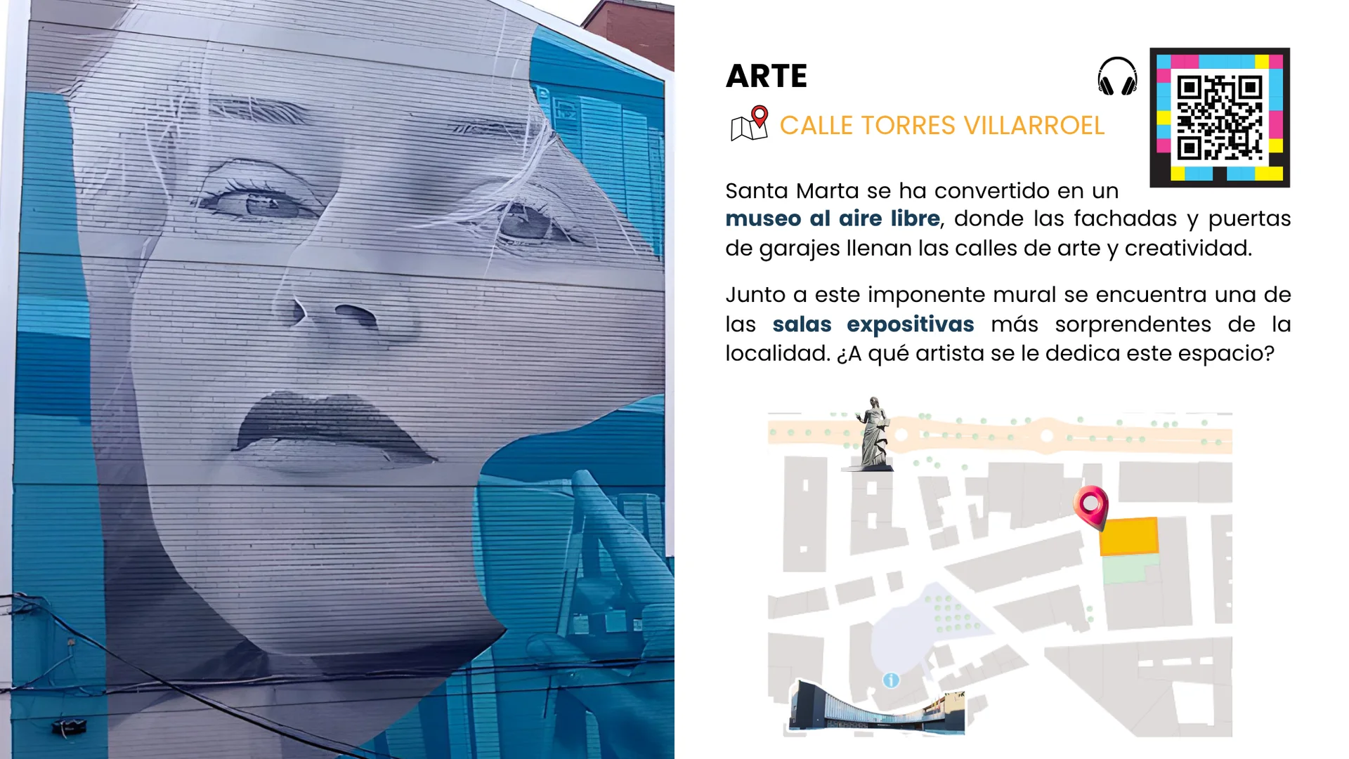 Parada 5. Arte, ubicada en la calle torres villarroel. Para escuchar haz clic en el botón que se encuentra en pantalla. Se reproducirá un audio narrado con música que primero lee el texto de la parada 5 y unos segundos después te da la solución a la pregunta planteada en este punto.